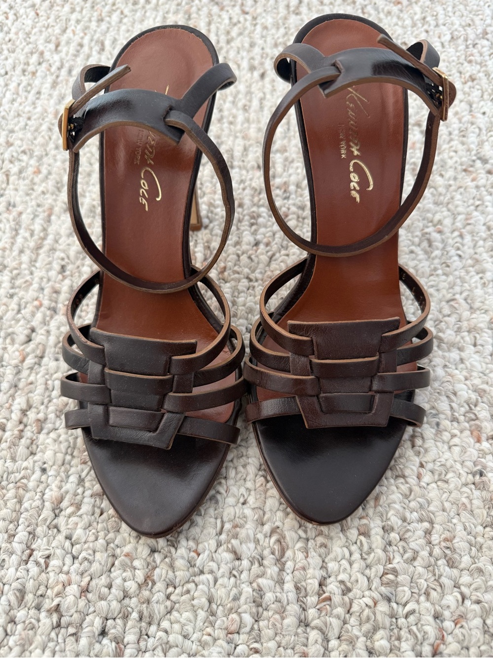 Kenneth Cole Dark Brown Strappy Leather Ankle-Heel Sandals